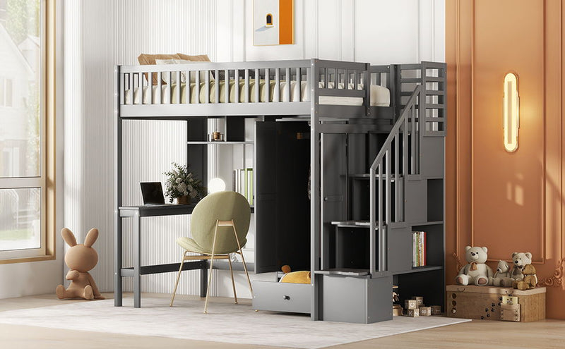 Twin Size Loft Bed With Bookshelf, Drawers, Desk, And Wardrobe - Gray