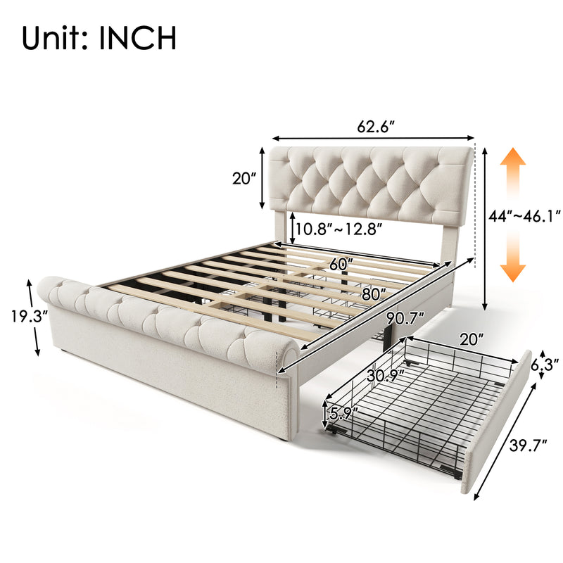 Queen size Upholstered Platform bed with Four Drawers, Antique Curved Headboard, Linen Fabric, Beige (without mattress)