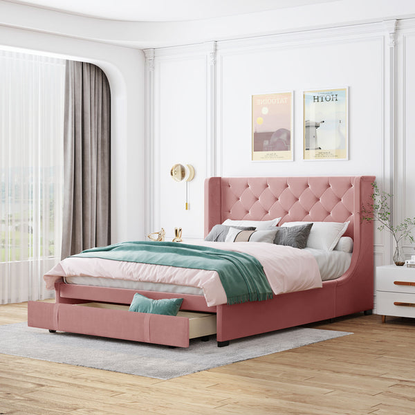 Queen Size Storage Bed Velvet Upholstered Platform Bed with Wingback Headboard and a Big Drawer (Pink)