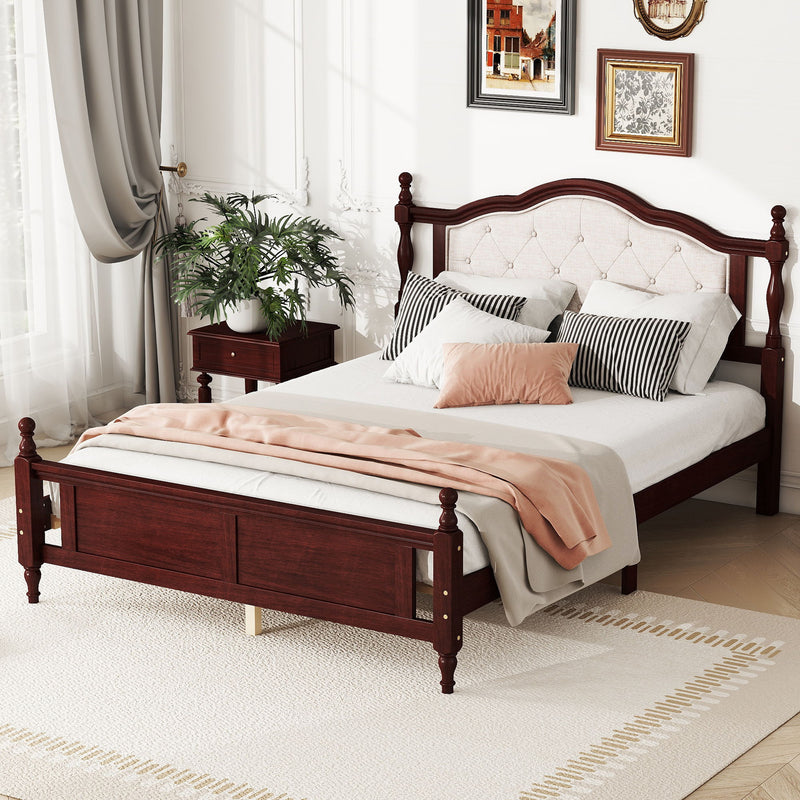 Pine Wooden Bed With Upholstered Headboard And Panel Footboard, With Two Bed Rail Support Feet And Central Platform Support Feet