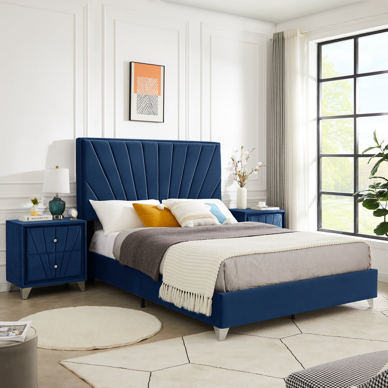 B108 Full bed with two nightstands, Beautiful line stripe cushion headboard , strong wooden slats + metal legs with Electroplate