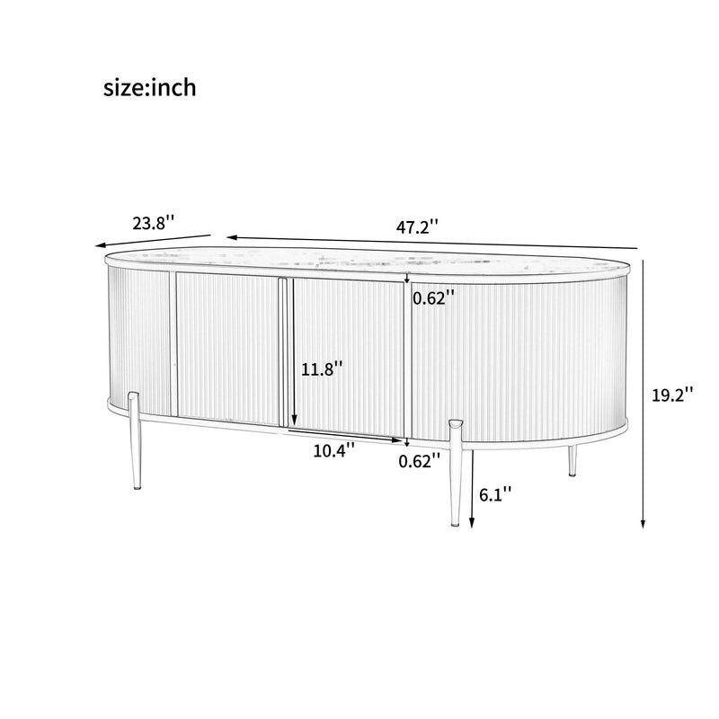 Modern Luxury Oval Shaped Fluted Coffee Table, Marble - Patterned Top Coffee Table With 2 Cabinets, Metal Legs And Handles For Living Room