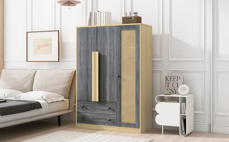 3 Doors Rattan Wardrobe Storage For Bedroom, With 2 Drawers