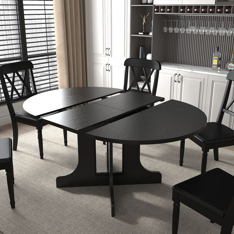 Dining Table For Farmhouse Kitchen Expandable Oval Table Top With Removable Leaf Trestle X Shaped Base - Black