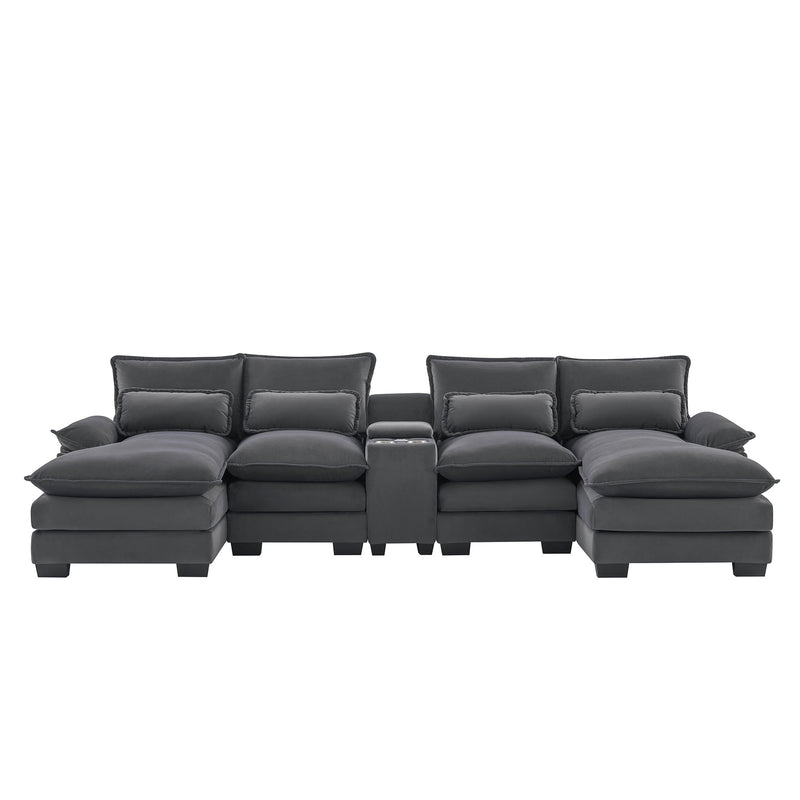 Modern U-Shaped Sofa With Console, Cupholders And USB Ports, 6 Seat Upholstered Symmetrical Indoor Furniture, Sleeper Couch Set With Chaise For Living Room