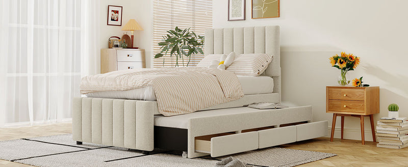 Twin Size Upholstered Platform Bed with Trundle and 3 Drawers, Linen Fabric, Beige