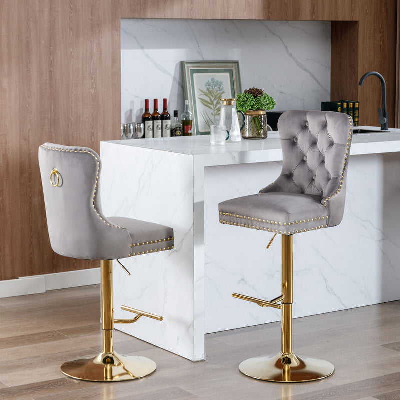 Thick Golden Swivel Velvet Barstools Adjusatble Seat Height From 25-33", Modern Upholstered Bar Stools With Backs Comfortable Tufted For Home Pub And Kitchen Island (Set of 2)