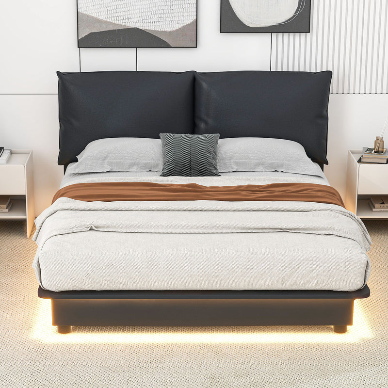 Queen Size Upholstered Platform Bed with Sensor Light and Ergonomic Design Backrests, Black