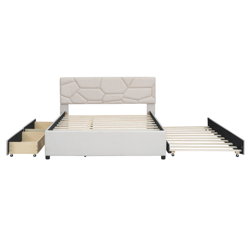 Queen Size Upholstered Platform Bed with Brick Pattern Headboard, with Twin XL Size Trundle and 2 drawers, Linen Fabric, Beige