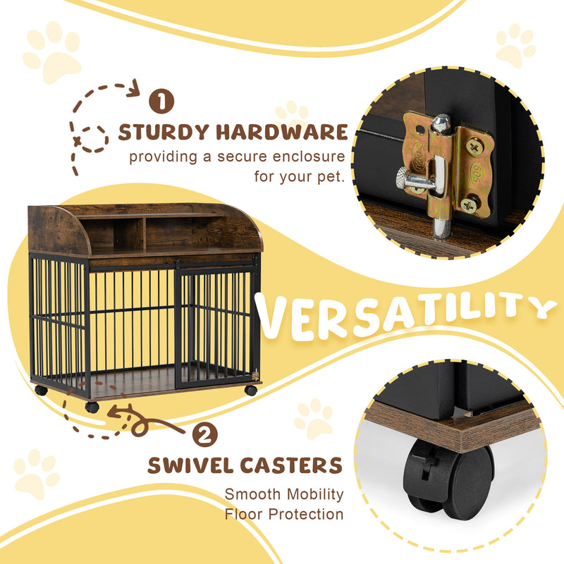 Heavy Duty Dog Crate Furniture For Medium Dog With Lockable Wheels, Wooden Dog Crate Dog Kennel, End Table Crate With Double Layer Storage