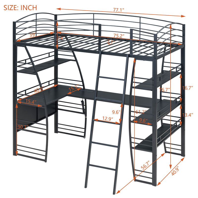 Loft Bed With 4 Layers Of Shelves And L-Shaped Desk, Stylish Metal Frame Bed With A Set Of Sockets, USB Ports And And Wireless Charging