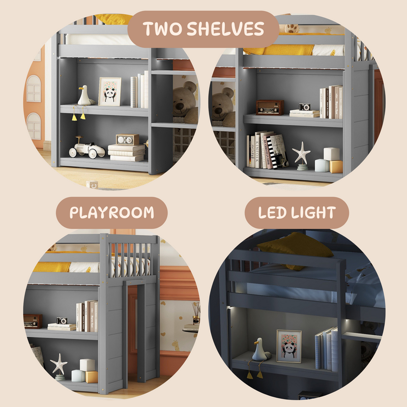 Twin Size Kid Low Loft Bed With Two-Tier Shelves And LED Light For Grey Color