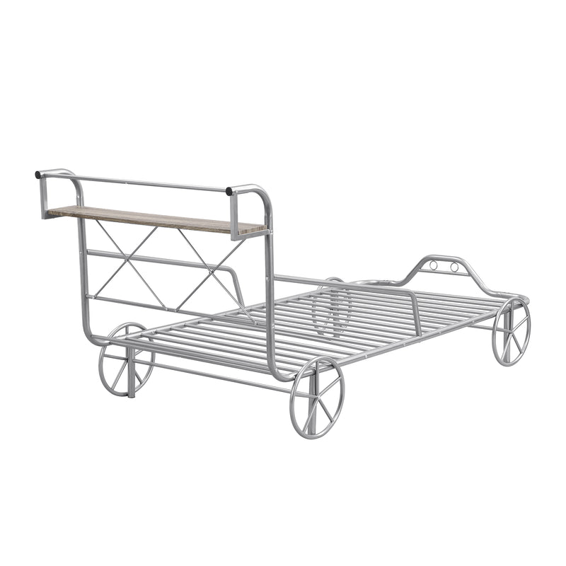 Twin Size Metal Car Bed with Four Wheels, Guardrails and  X-Shaped Frame Shelf, Silver(Old SKU: MF297599AAN)