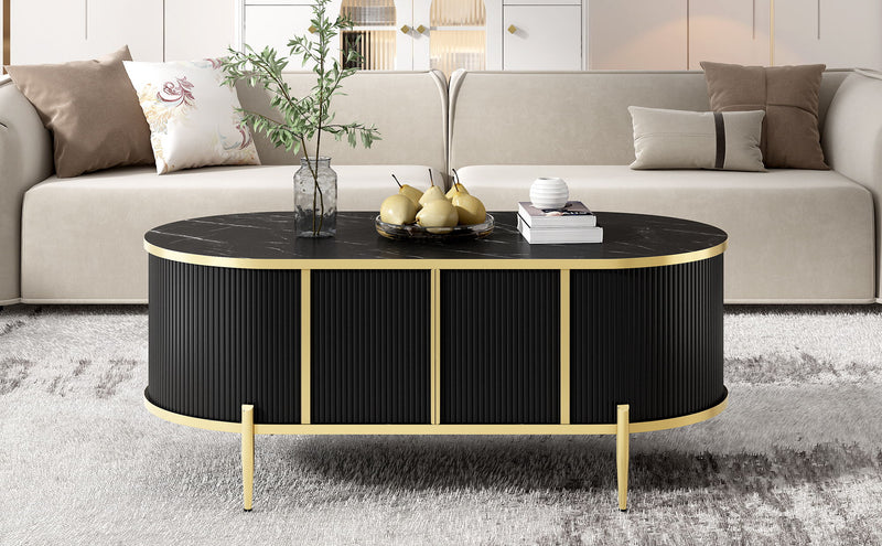 Modern Luxury Oval Shaped Fluted Coffee Table, Marble - Patterned Top Coffee Table With 2 Cabinets, Metal Legs And Handles For Living Room