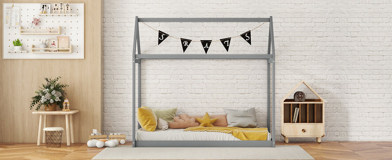 Twin Size Wooden House Bed, Gray