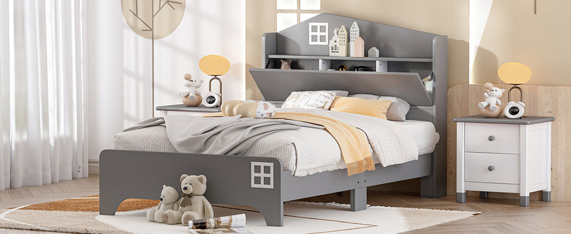 Wooden Twin Size House Bed with Storage Headboard ,Kids Bed with Storage Shelf,Grey