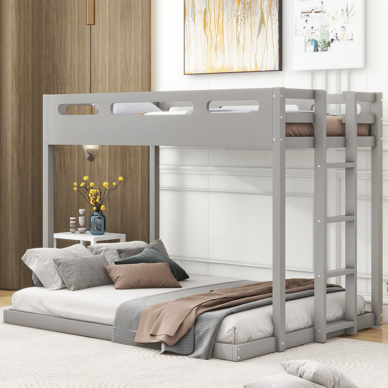 Twin over Full Bunk Bed with Built-in Ladder,Gray