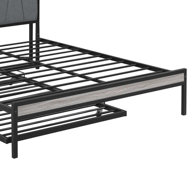 Queen Size Metal Platform Bed Frame with Twin size trundle, Upholstered headboard, Sockets, USB Ports and Slat Support, No Box Spring Needed, Black