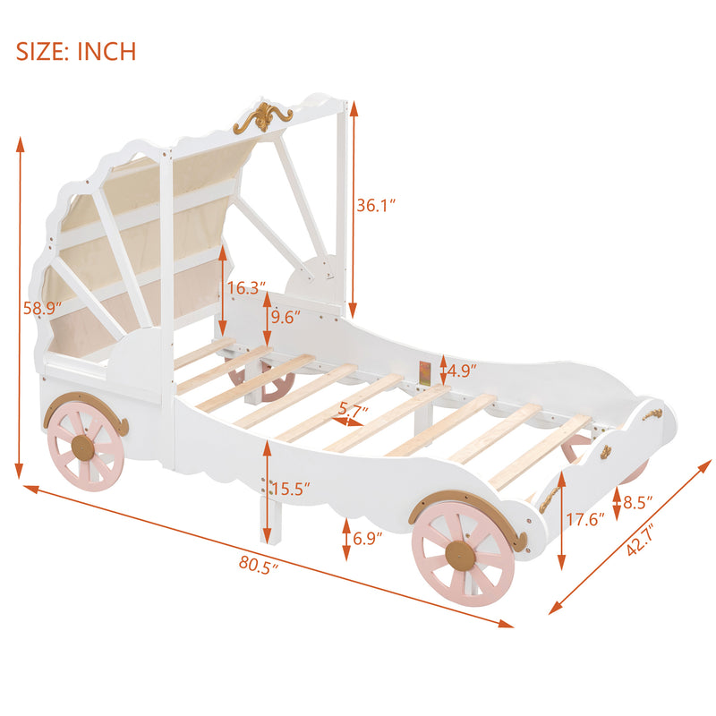 Twin Size Princess Carriage Bed with Canopy, Wood Platform Car Bed with 3D Carving Pattern, White+Pink+Gold