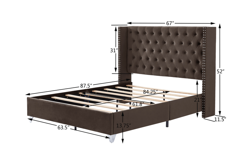 B100S Queen bed, Button designed Headboard,strong wooden slats + metal legs with Electroplate