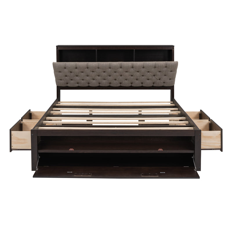 Wood Queen Size Platform Bed with Storage Headboard, shoe rack and 4 drawers,Espresso