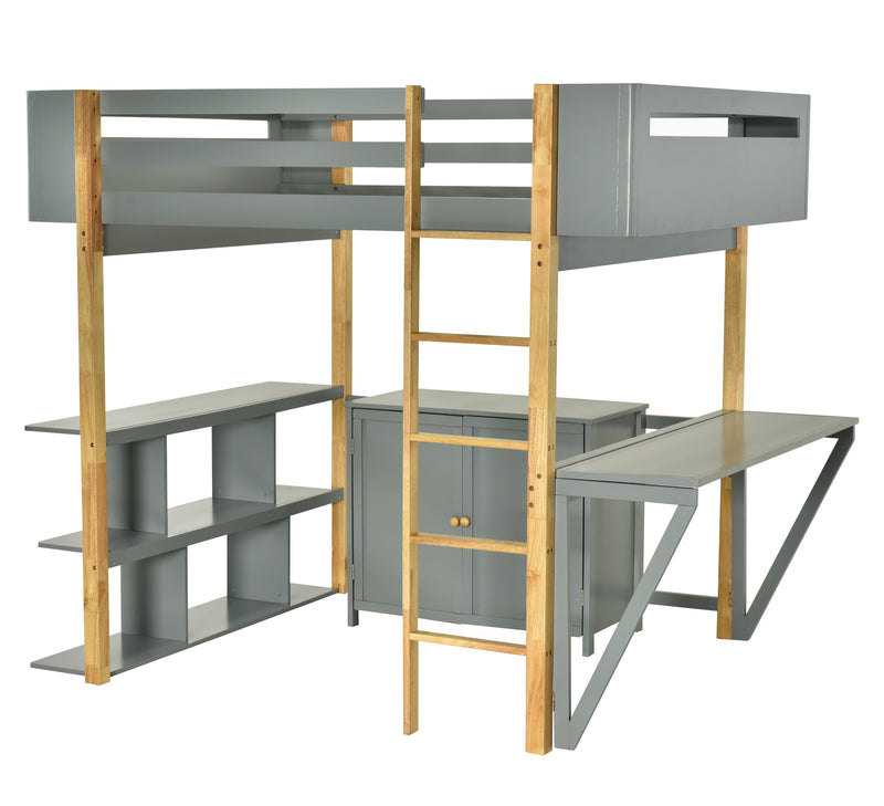 Twin Size Wood Loft Bed With Built-in Storage Cabinet and Cubes, Foldable desk, Gray