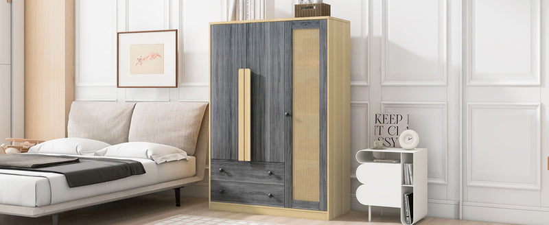 3 Doors Rattan Wardrobe Storage For Bedroom, With 2 Drawers