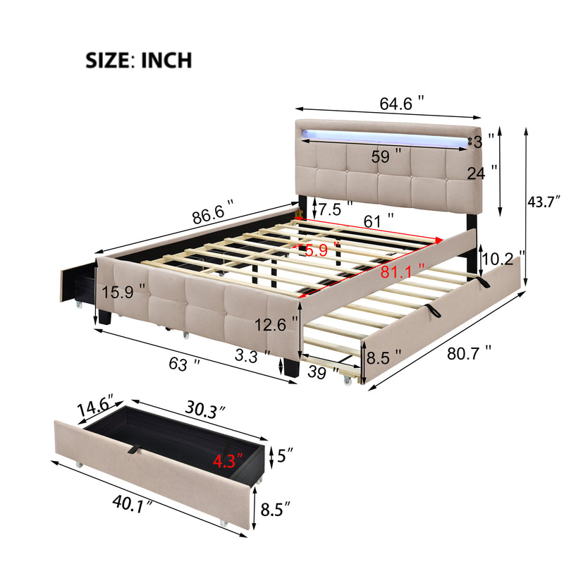 Queen Size Upholstered Platform Bed with LED Frame, with Twin XL Size Trundle and 2 drawers, Linen Fabric, Beige