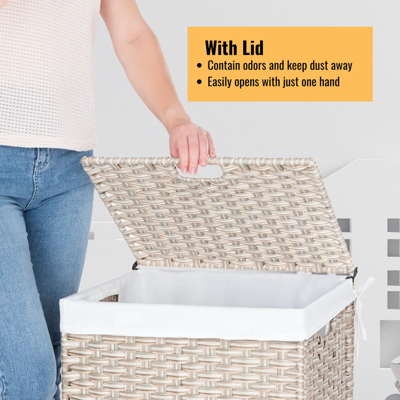 Laundry Hamper With Lid PE Rattan Powder Coating Frame Clothes Hampers With 2 Removable Bags