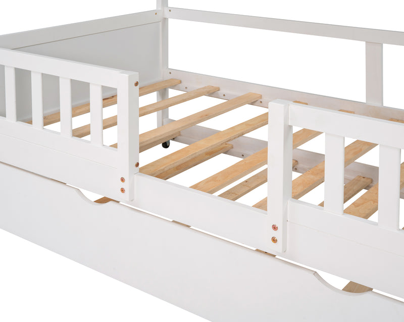 Twin Size House Bed Wood Bed with Twin Size Trundle ( White )