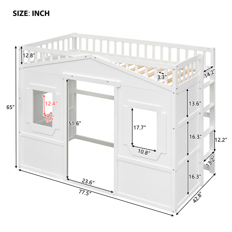 Twin Size House Loft Bed With Ladder-White