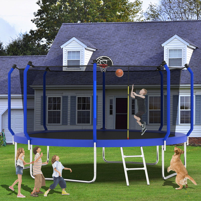 Trampoline With Basketball Hoop, Astm Approved Reinforced Type Outdoor Trampoline With Enclosure Net