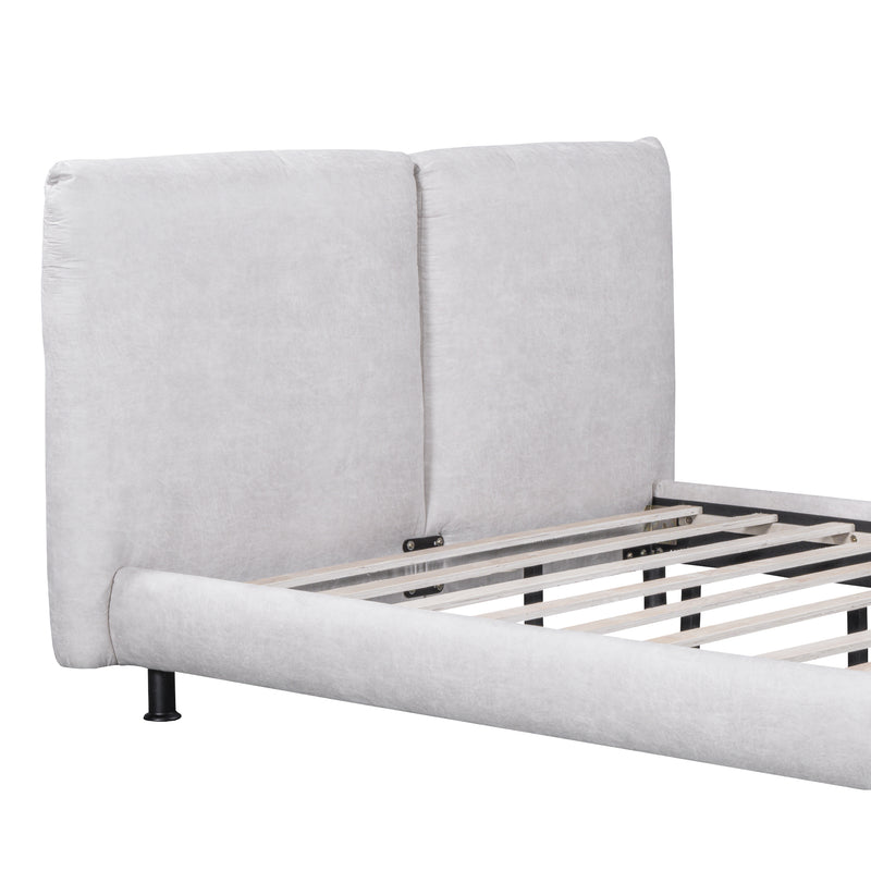 Queen Size Upholstered Platform Bed with Two Large Headrests and Thick Fabric, Polyester, Beige