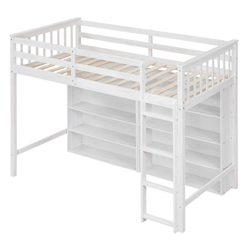 Twin Size Loft Bed with 8 Open Storage Shelves and Built-in Ladder, White