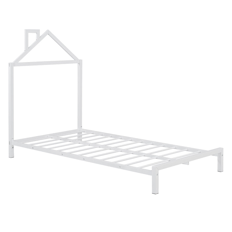 Twin Size Metal Platform Bed with House-Shaped Headboard Design, White