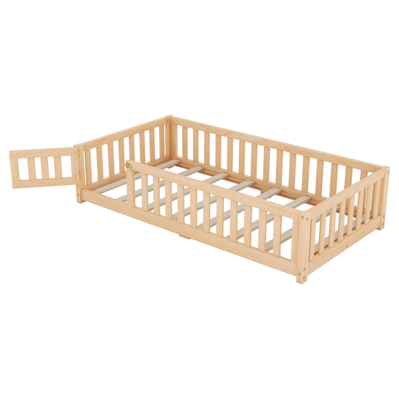 Twin Size Bed Floor Bed with Safety Guardrails and Door for Kids, Natural