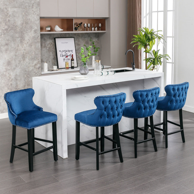 Contemporary Velvet Upholstered Wing-Back Barstools With Button Tufted Decoration And Wooden Legs, And Chrome Nailhead Trim, Leisure Style Bar Chairs, Bar Stools (Set of 2)