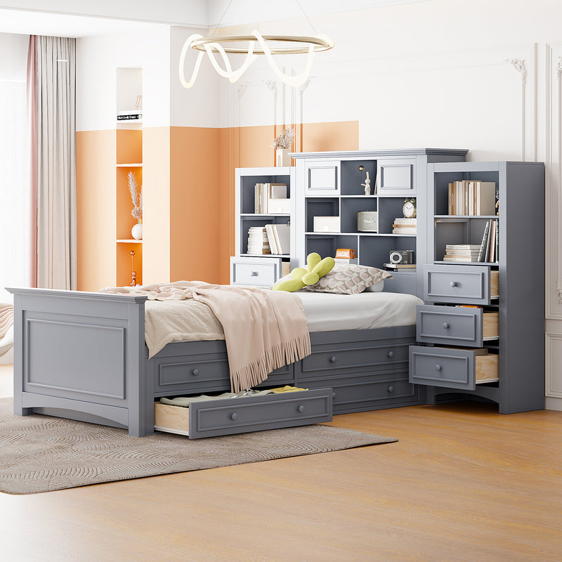 Twin Size Wood Platformbed with Vertical All-in-One Cabinet and 4 Drawers on each side, Gray