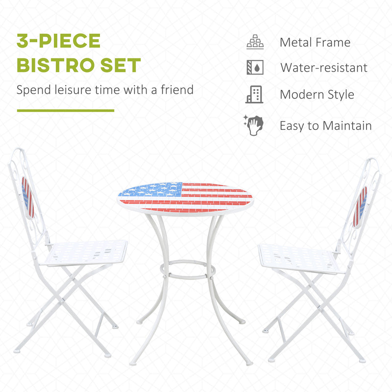 3 Piece Patio Bistro Set, Folding Outdoor Furniture with USA Mosaic Table and Chairs, 
Portable Metal Frames for 4th of July, Balcony, Backyard, Poolside, Porch, American Flag