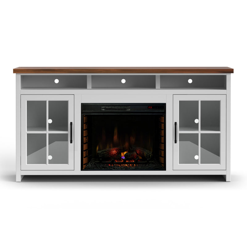 Bridgevine Home Hampton 74 inch Fireplace TV Stand Console for TVs up to 85 inches, Minimal Assembly, Jasmine Whitewash and Barnwood Finish