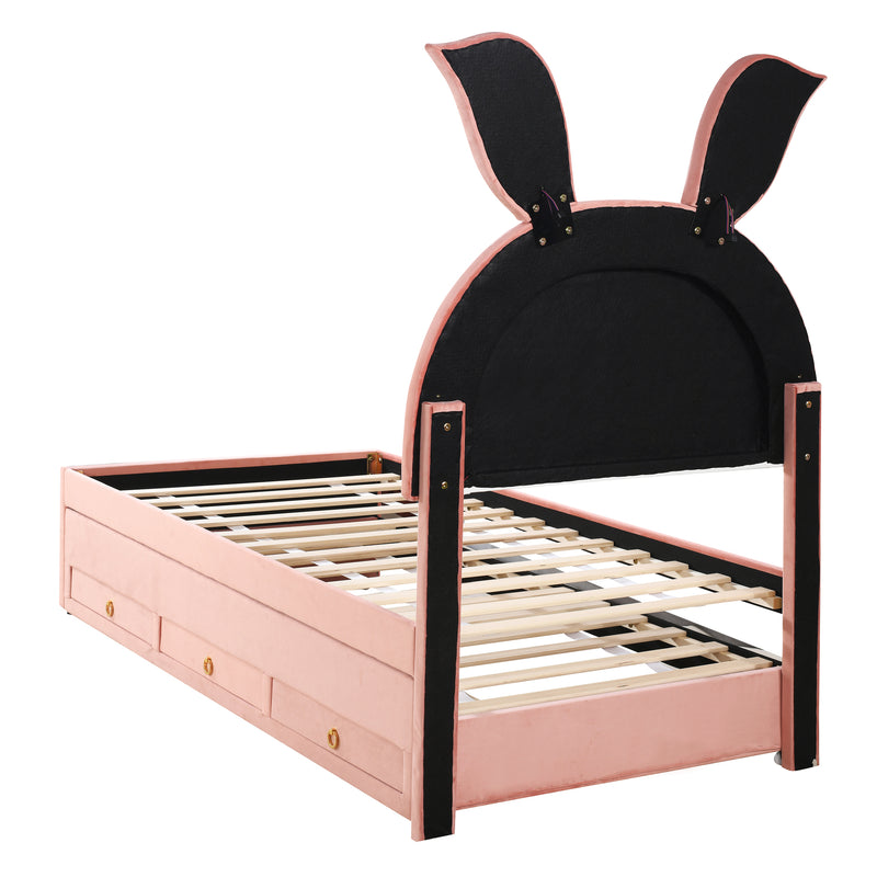 Twin Size Upholstered Platform Bed with Trundle and 3 Drawers, Rabbit-Shaped Headboard with Embedded LED Lights, Pink