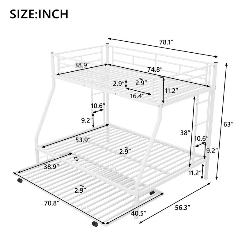 Twin over Full Bed with Sturdy Steel Frame, Bunk Bed with Twin Size Trundle, Two-Side Ladders, White(OLD SKU:MF194424AAK)