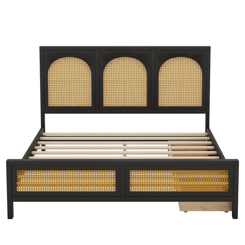 Queen Size Wood Storage Platform Bed with 2 Drawers, Rattan Headboard and Footboard, Black