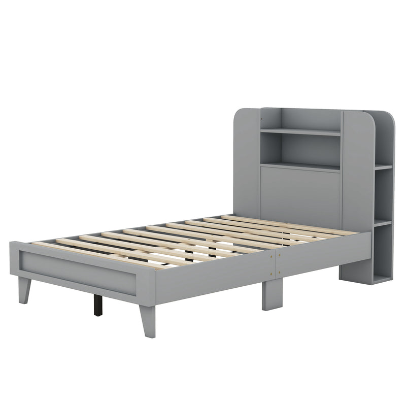 Twin Size Platform Bed with Storage Headboard,Multiple Storage Shelves on Both Sides,Grey