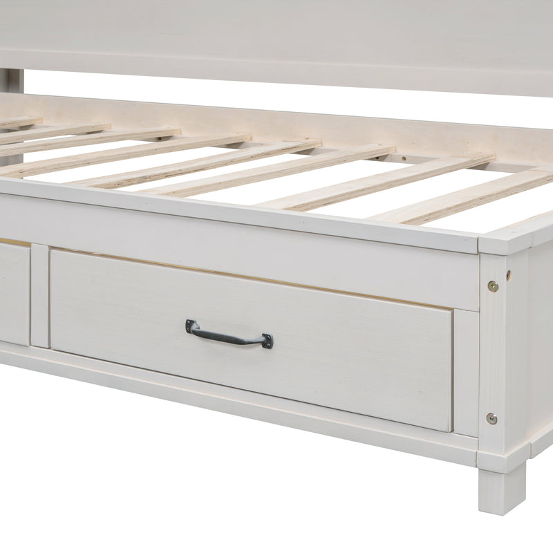 Twin Size Wooden Daybed with 3 Storage Drawers, Upper Soft Board, shelf, and a set of Sockets and USB Ports, White