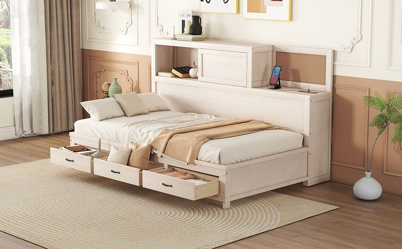 Twin Size Wooden Daybed with 3 Storage Drawers, Upper Soft Board, shelf, and a set of Sockets and USB Ports, White