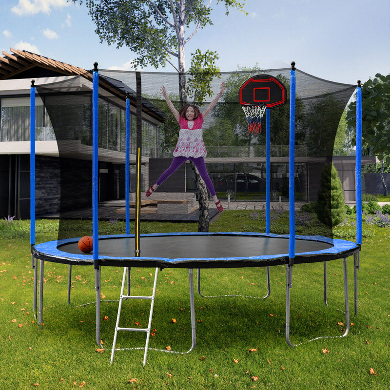 15Ft Trampoline With Basketball Hoop Inflator And Ladder (Inner Safety Enclosure)