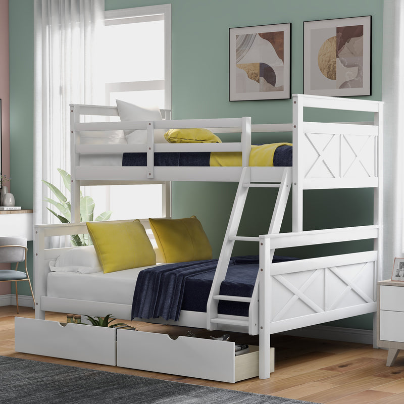 Twin over Full Bunk Bed with Ladder, Two Storage Drawers, Safety Guardrail, White