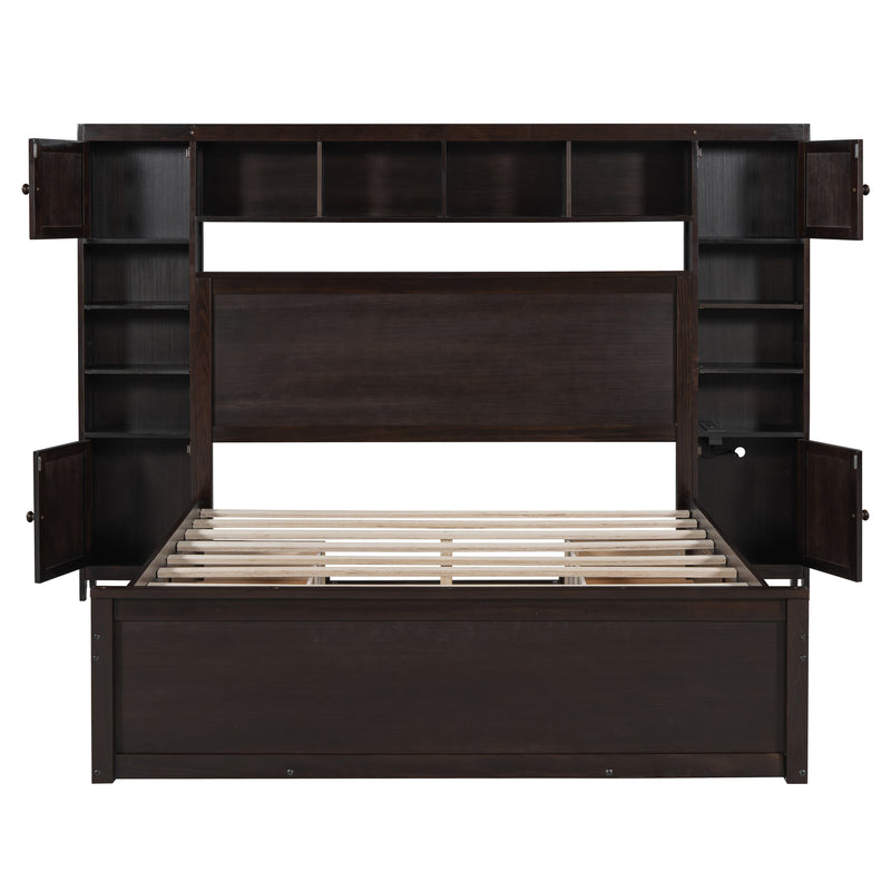 Queen Size Wooden Bed With All-in-One Cabinet, Shelf and Sockets, Espresso