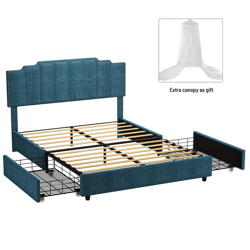 Queen Size Upholstered Platform Bed Linen Bed Frame with 2 Drawers Stitched Padded Headboard with Rivets Design Strong Bed Slats System No Box Spring Needed Blue